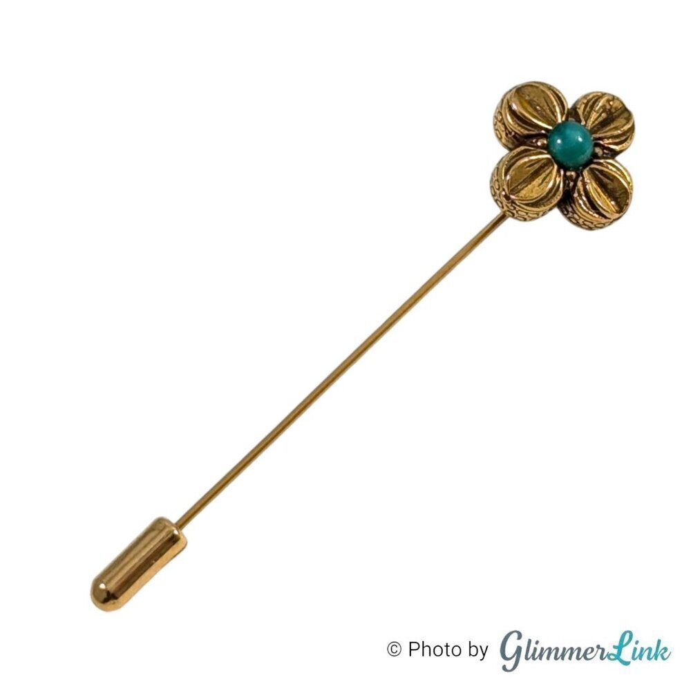 Vintage Ornate Floral Clover Green Cabochon Gold Tone Stick Pin